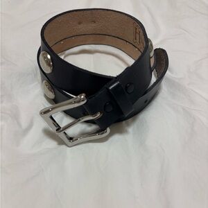 Black Leather Large Round Stud Belt with Silver Buckle